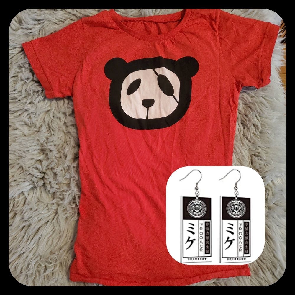 🆓️Tee+Studs: Panda Diplomacy/Kakegurui Badge Used/NWT. Studs also Sold Separate